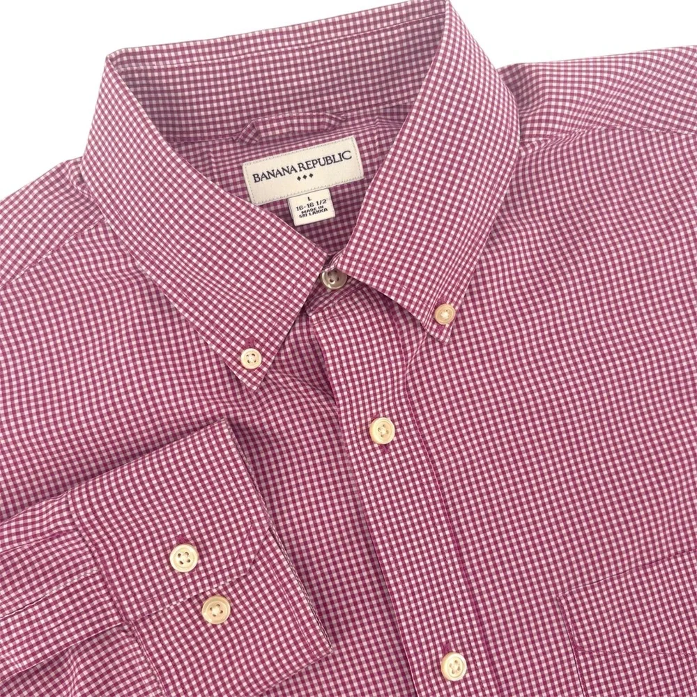 Banana Republic Mens L Burgundy Gingham Cotton Button Down Shirt 16-16.5